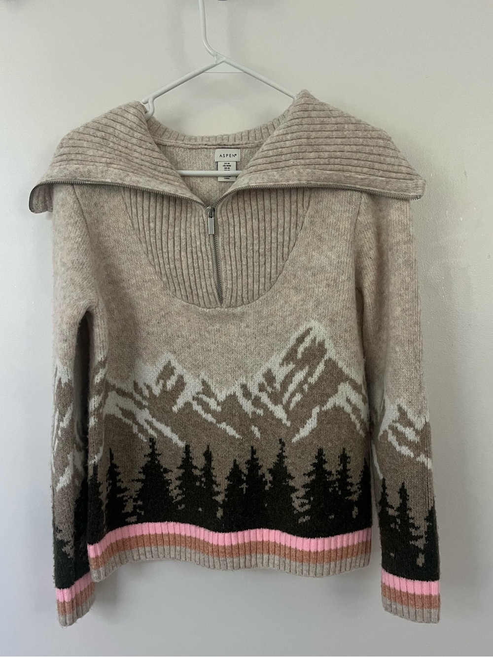 Aspen Beige Mountain-Print Half-Zip Soft Sweater Pink Trim Size M Apres Ski